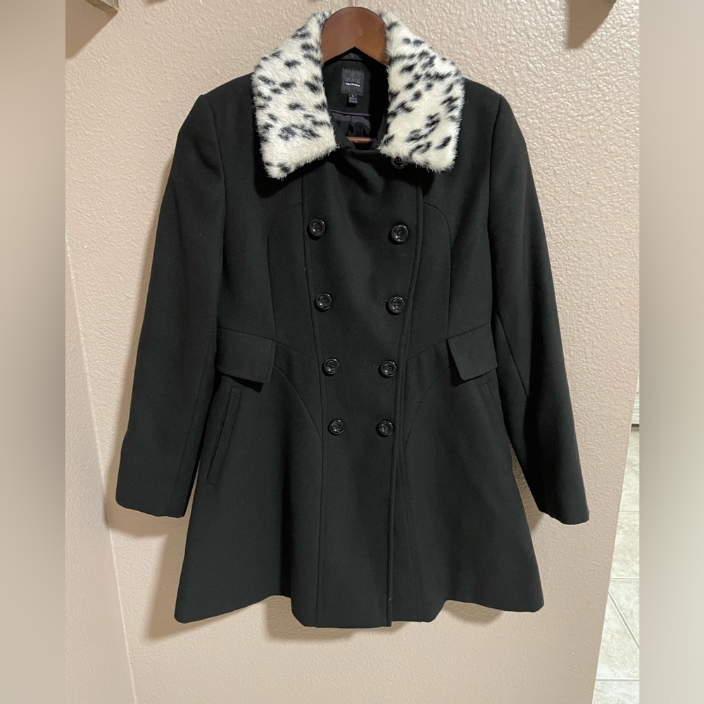 Saks Fifth Avenue Black Double-Breasted Pea Coat with Faux Leopard-Spot Collar